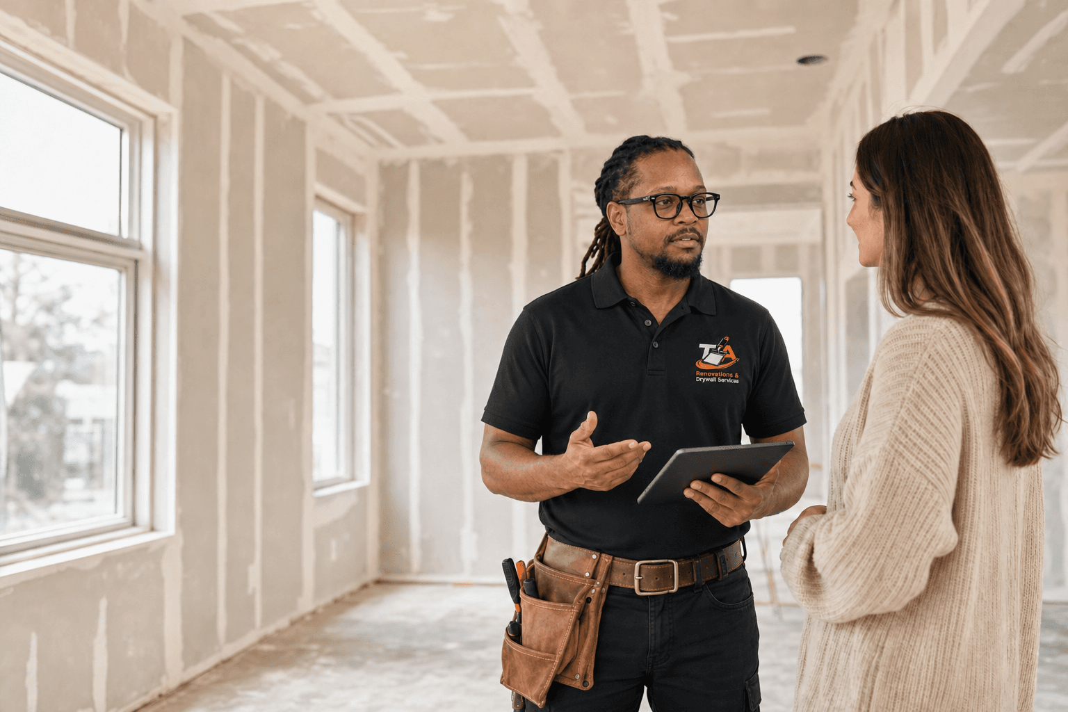 Theo A. consulting with a homeowner in an unfinished drywall room