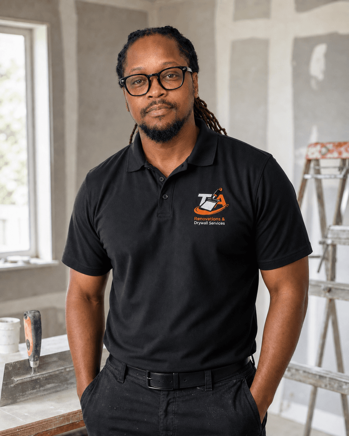 Theo A., founder of T&A Drywall Services, wearing branded company apparel