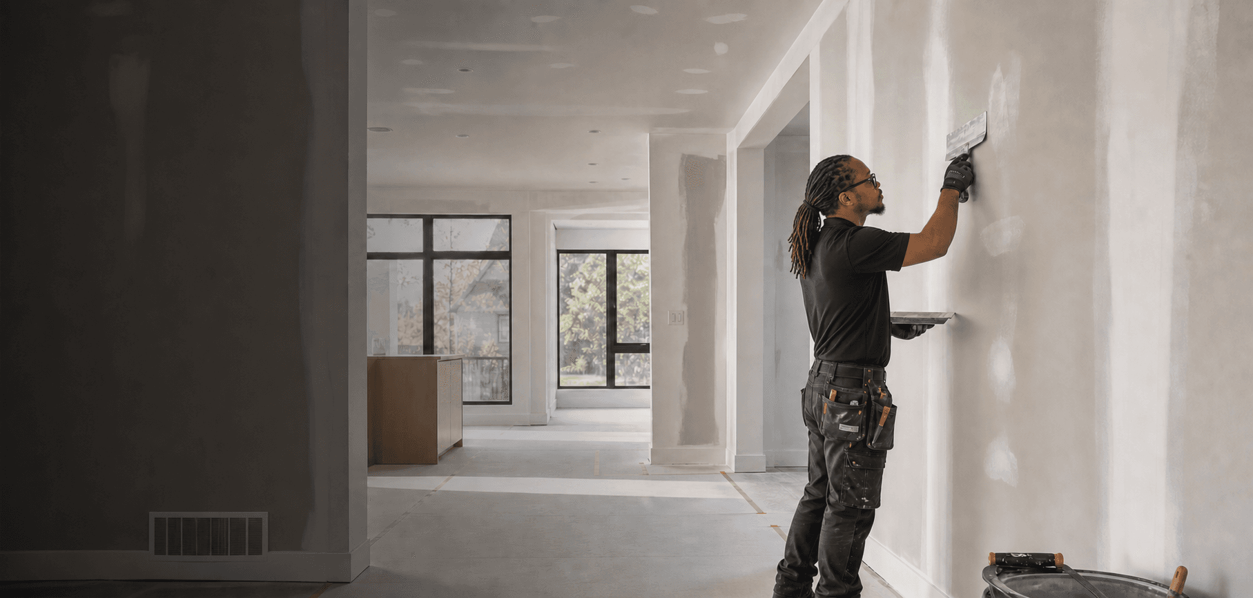 Theo A. smoothing a drywall wall in a clean renovation space